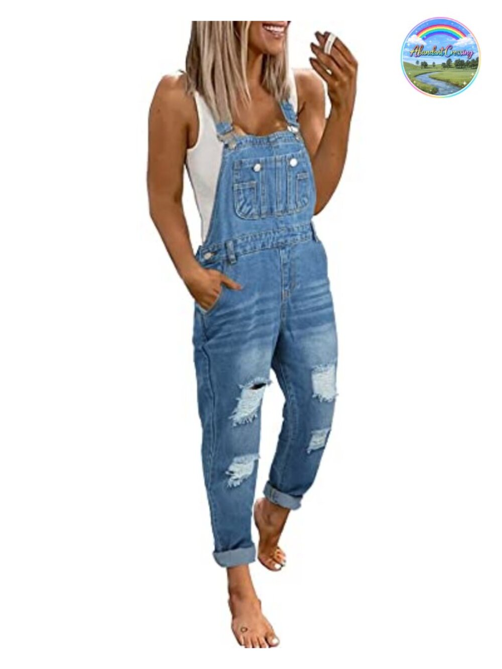 Fashion Jean Bib Overalls Adjustable Straps Ripped Distressed Denim Pants